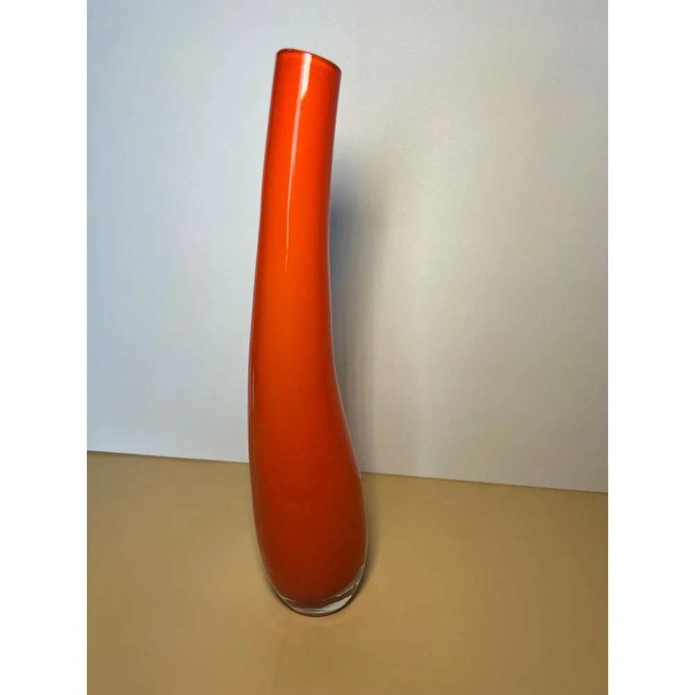 Vintage Orange Art Glass Bud Vase Tall Curved Mid Century Modern Style 12 Inch